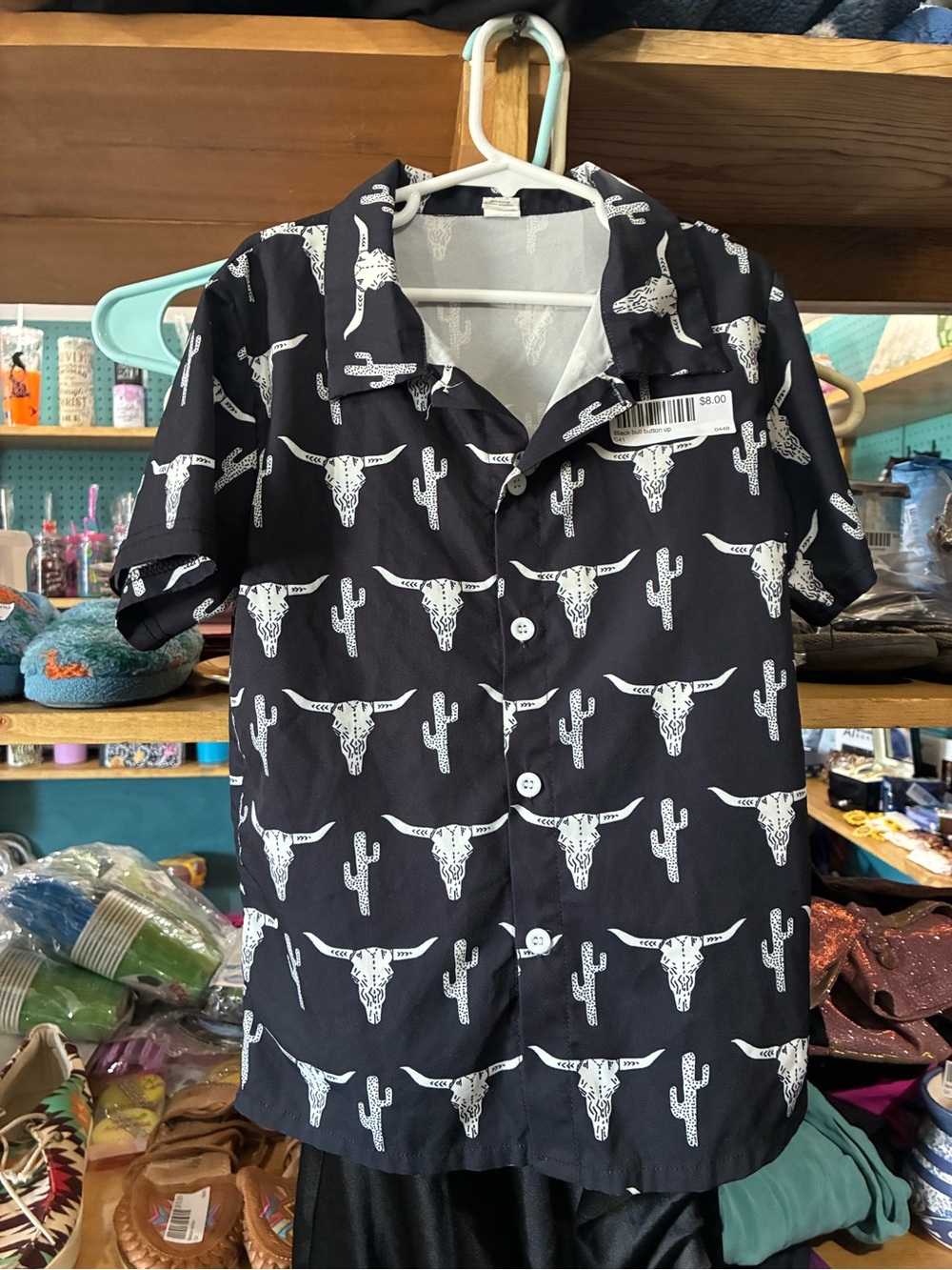 Black Short-Sleeve Button-Up Shirt with White Western Skull Print